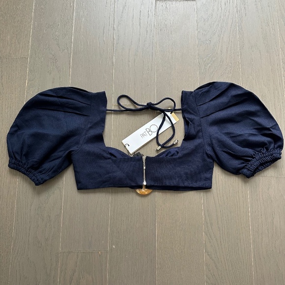 PatBo La Mer Crop Top Indigo Navy Blue Linen Puff Sleeve Size 4 - Picture 3 of 8